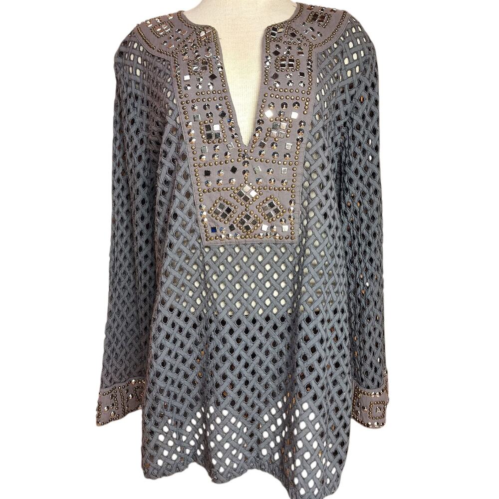Boston Proper Gray Crochet Tunic with Embellished Neckline